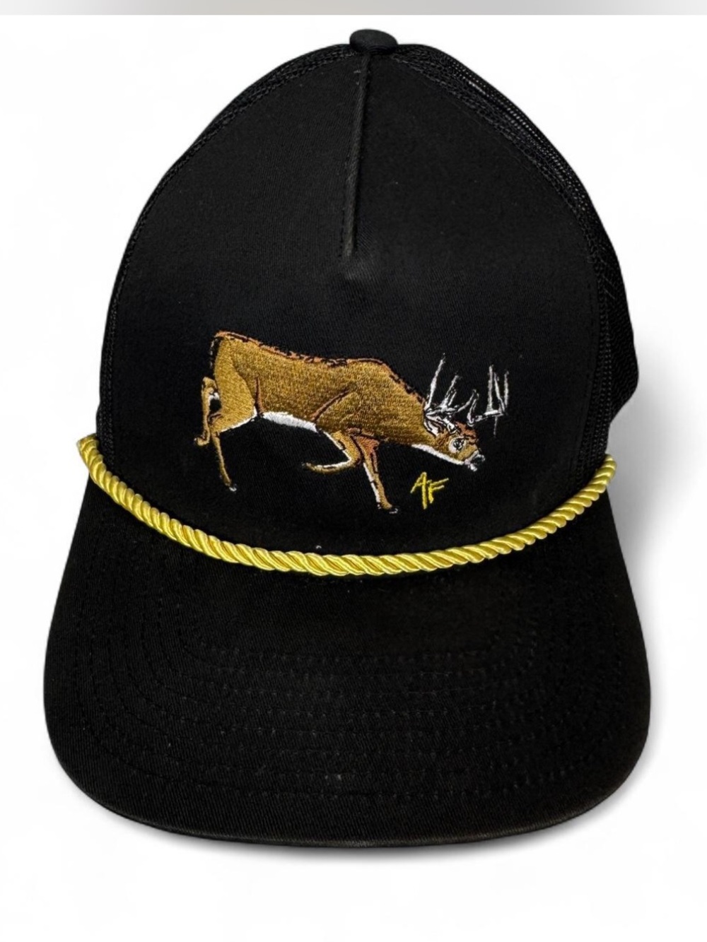 American Fetcher Whitetail Buck Black Rope Hat Trucker Cap Snapback Hunting